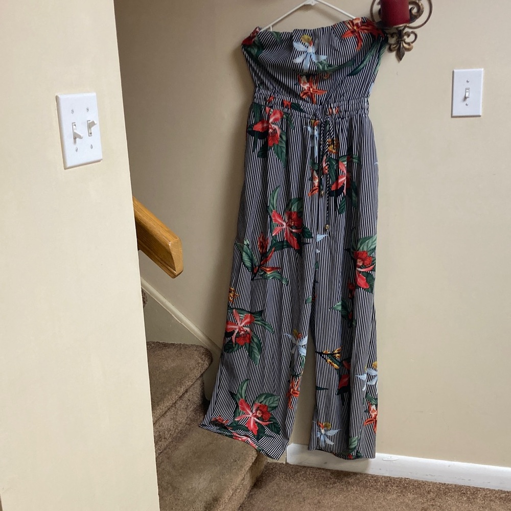 Love Culture Striped Strapless Jumpsuit with Red Floral